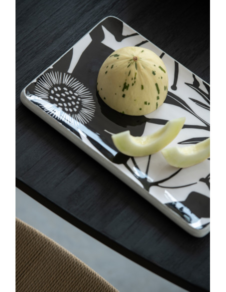 Grand Plat de service Japandi chic Rectangulaire 40 cm Bois de manguier Noir Blanc Motif fleurs Florikio 