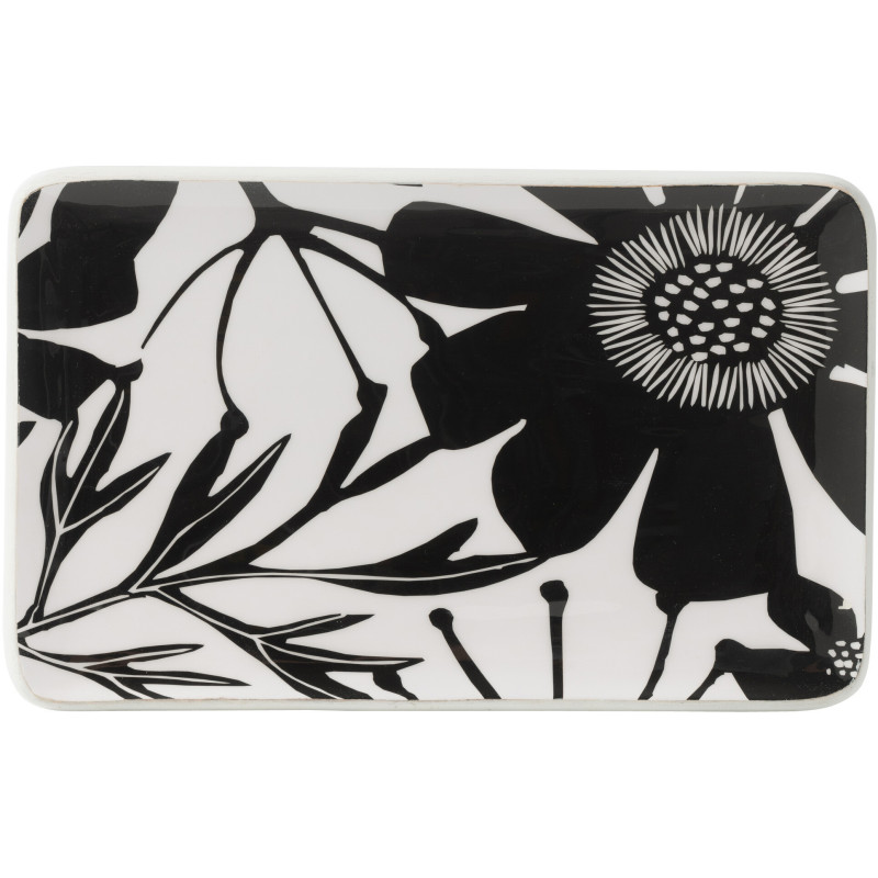 Grand Plat de service Japandi chic Rectangulaire 40 cm Bois de manguier Noir Blanc Motif fleurs Florikio 