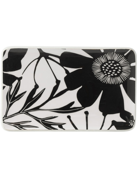 Grand Plat de service Japandi chic Rectangulaire 40 cm Bois de manguier Noir Blanc Motif fleurs Florikio 