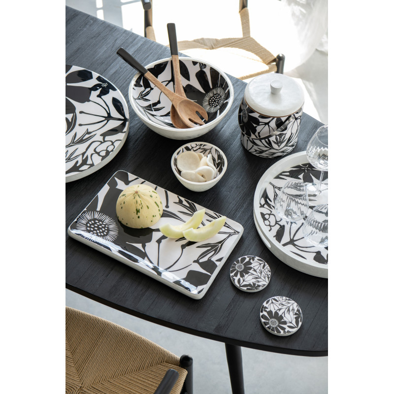 Grand Plat de service Japandi chic Rectangulaire 40 cm Bois de manguier Noir Blanc Motif fleurs Florikio 