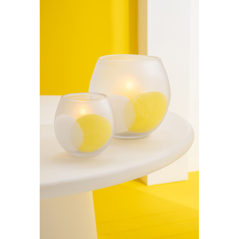 Grand Photophore design moderne Boule D 21 cm Verre Transparent Jaune Blanc Motif ronds Heliono 