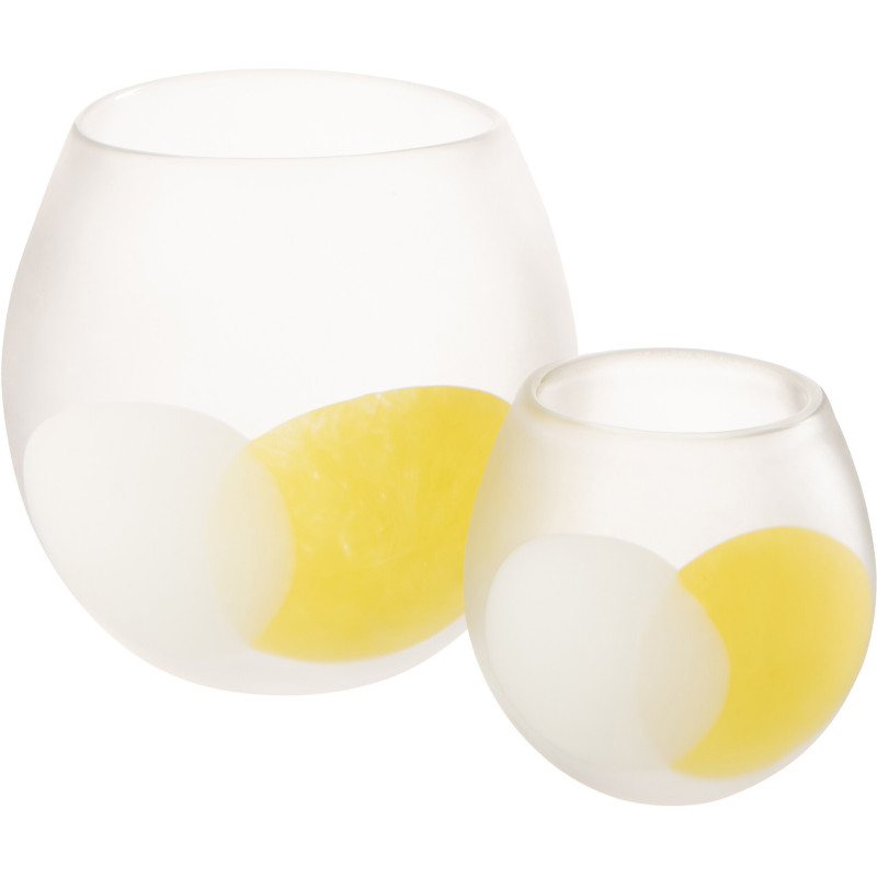 Grand Photophore design moderne Boule D 21 cm Verre Transparent Jaune Blanc Motif ronds Heliono 