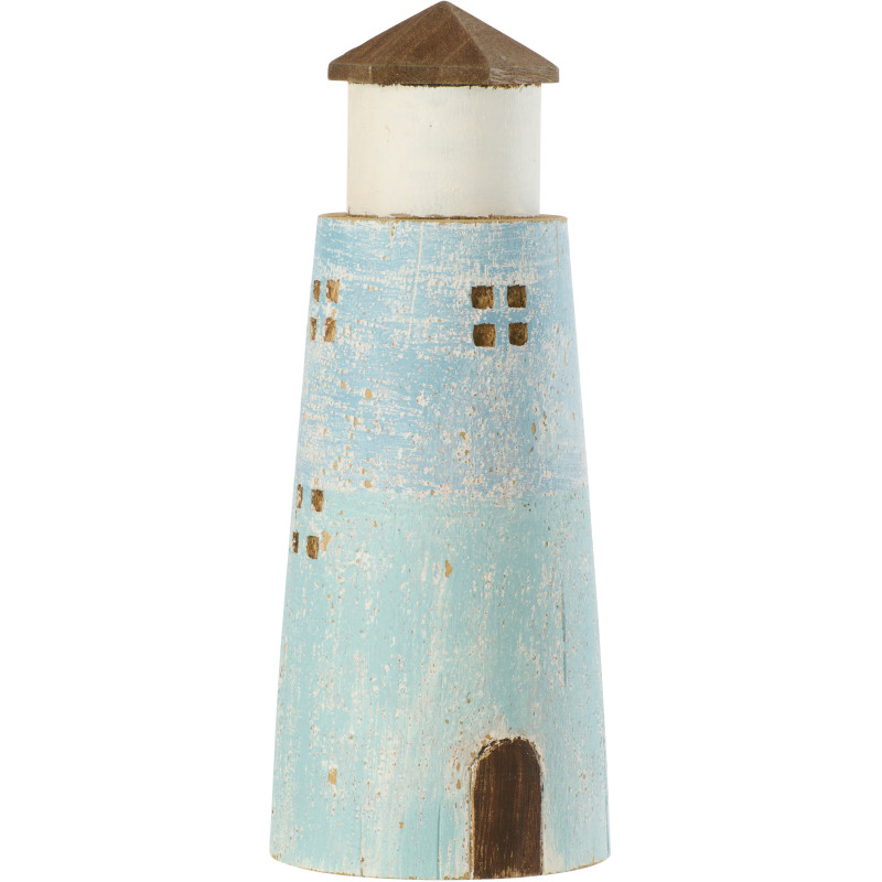 Grand Phare déco bord de mer H 30 cm Bois de paulownia Bleu clair Blanc Nautina 