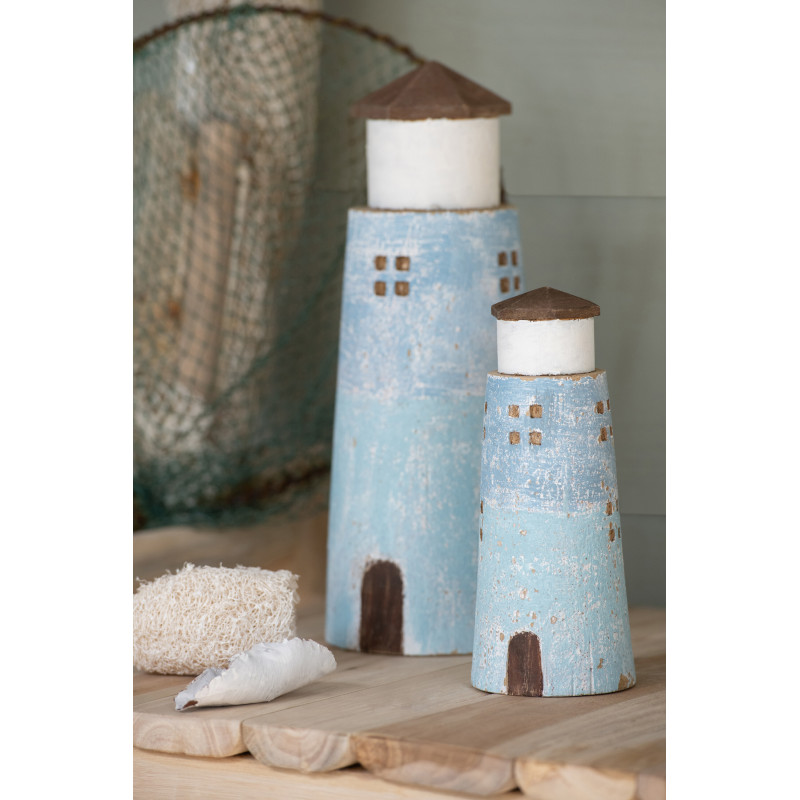 Grand Phare déco bord de mer H 30 cm Bois de paulownia Bleu clair Blanc Nautina 