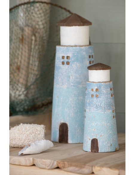 Grand Phare déco bord de mer H 30 cm Bois de paulownia Bleu clair Blanc Nautina 
