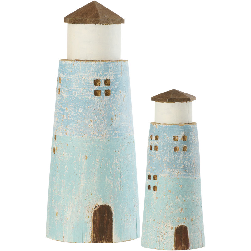 Grand Phare déco bord de mer H 30 cm Bois de paulownia Bleu clair Blanc Nautina 