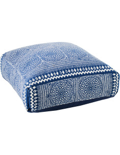 Grand Coussin Pouf bohème chic Carré 80x80 Coton Bleu Blanc Motif mosaïque Azulio 