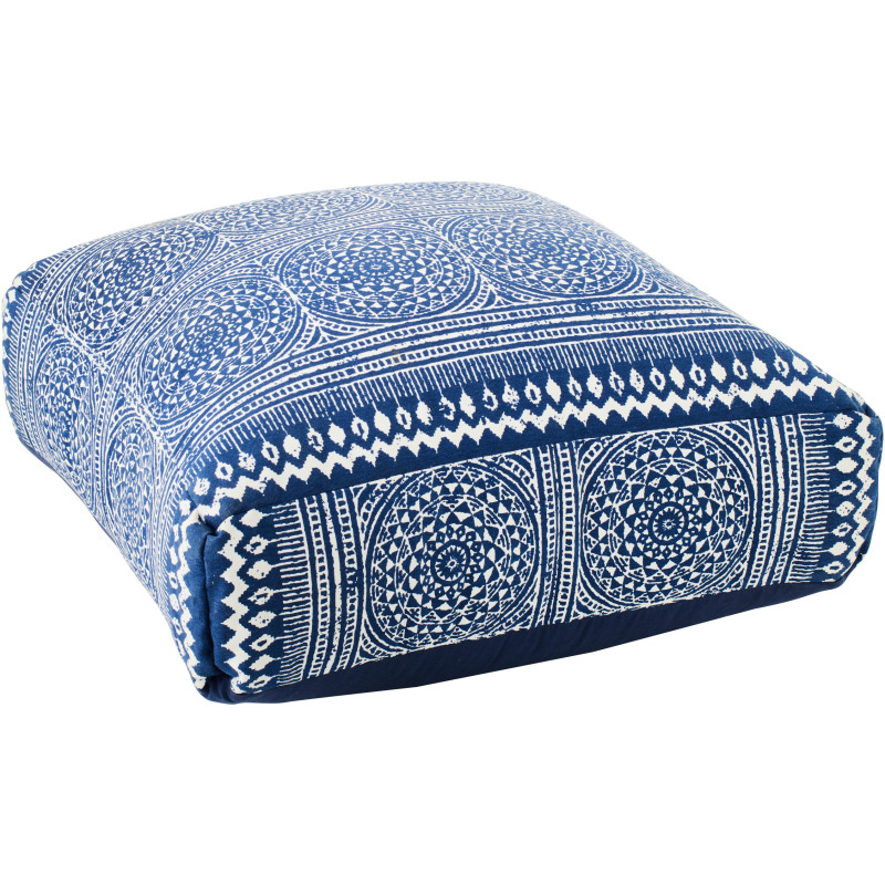 Grand Coussin Pouf bohème chic Carré 80x80 Coton Bleu Blanc Motif mosaïque Azulio 
