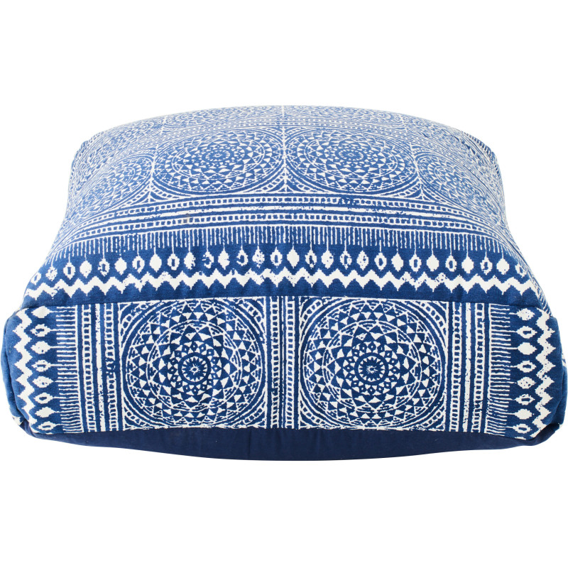 Grand Coussin Pouf bohème chic Carré 80x80 Coton Bleu Blanc Motif mosaïque Azulio 