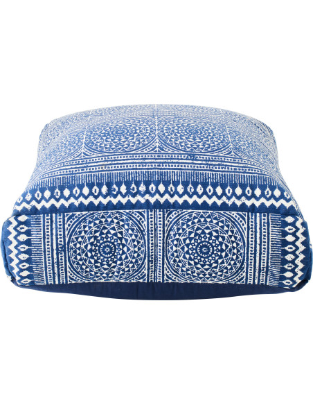 Grand Coussin Pouf bohème chic Carré 80x80 Coton Bleu Blanc Motif mosaïque Azulio 