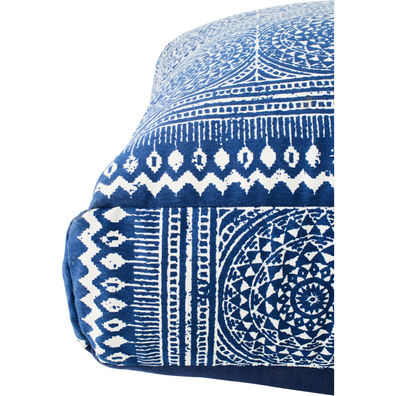 Grand Coussin Pouf bohème chic Carré 80x80 Coton Bleu Blanc Motif mosaïque Azulio 