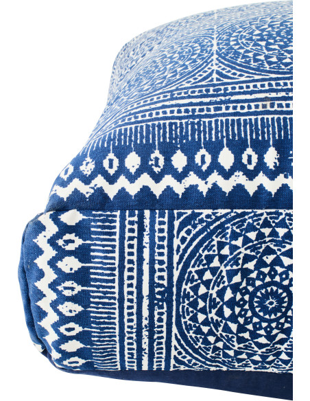 Grand Coussin Pouf bohème chic Carré 80x80 Coton Bleu Blanc Motif mosaïque Azulio 