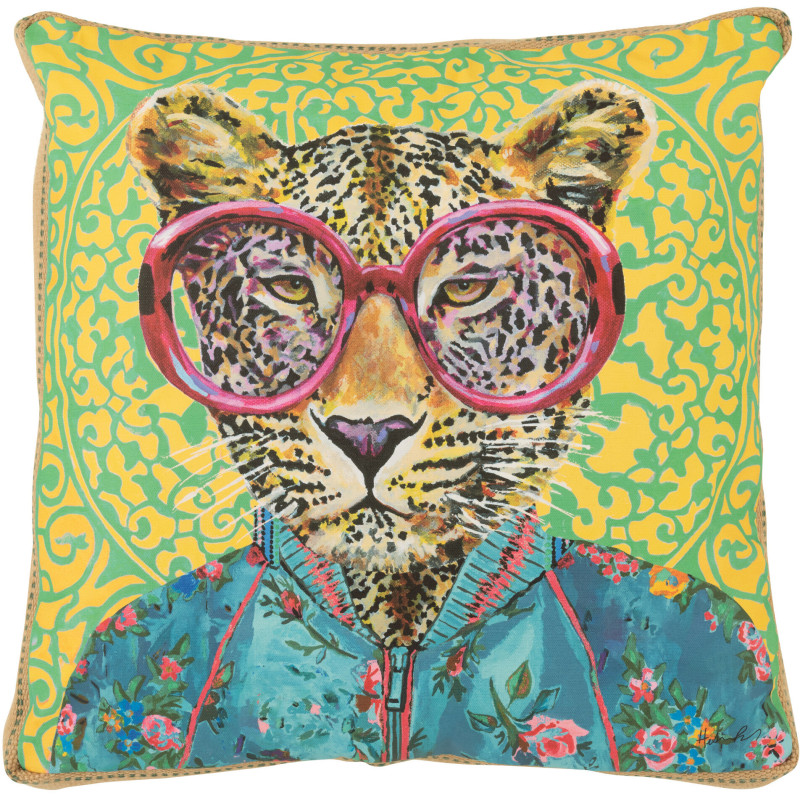 Grand Coussin original pop art Léopard Carré 50x50 Lin Jute Naturel Leopika 