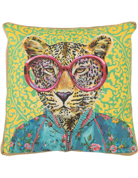 Grand Coussin original pop art Léopard Carré 50x50 Lin Jute Naturel Leopika 