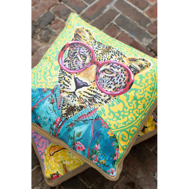 Grand Coussin original pop art Léopard Carré 50x50 Lin Jute Naturel Leopika 