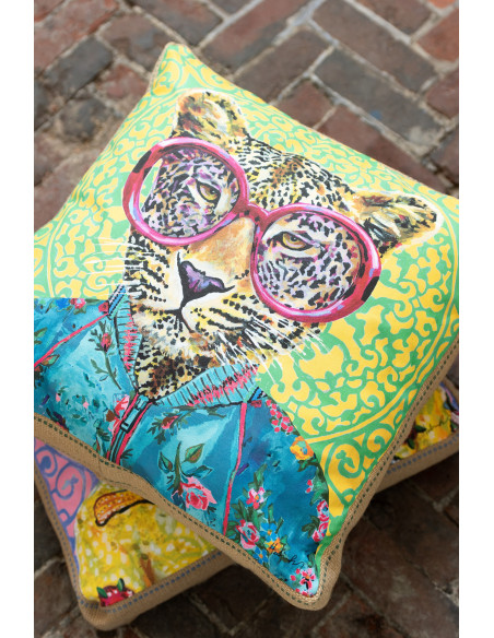 Grand Coussin original pop art Léopard Carré 50x50 Lin Jute Naturel Leopika 