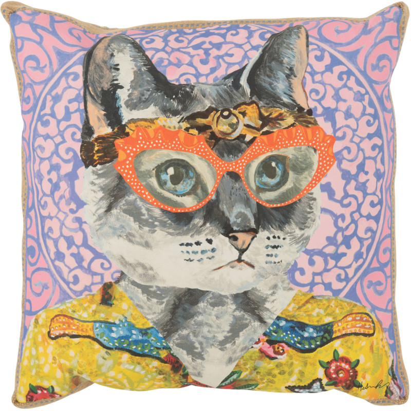 Grand Coussin original pop art Chien Carré 50x50 Lin Jute Naturel Bulldo 