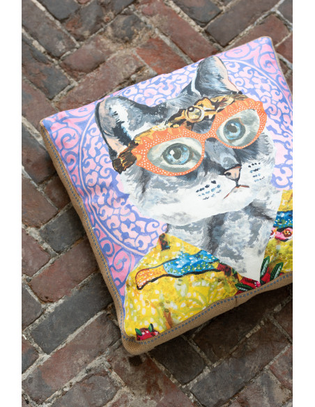 Grand Coussin original pop art Chien Carré 50x50 Lin Jute Naturel Bulldo 