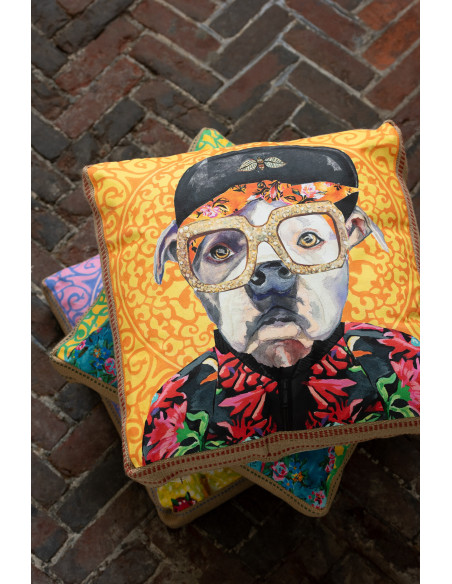 Grand Coussin original pop art Chat Carré 50x50 Lin Jute Naturel Felonio 