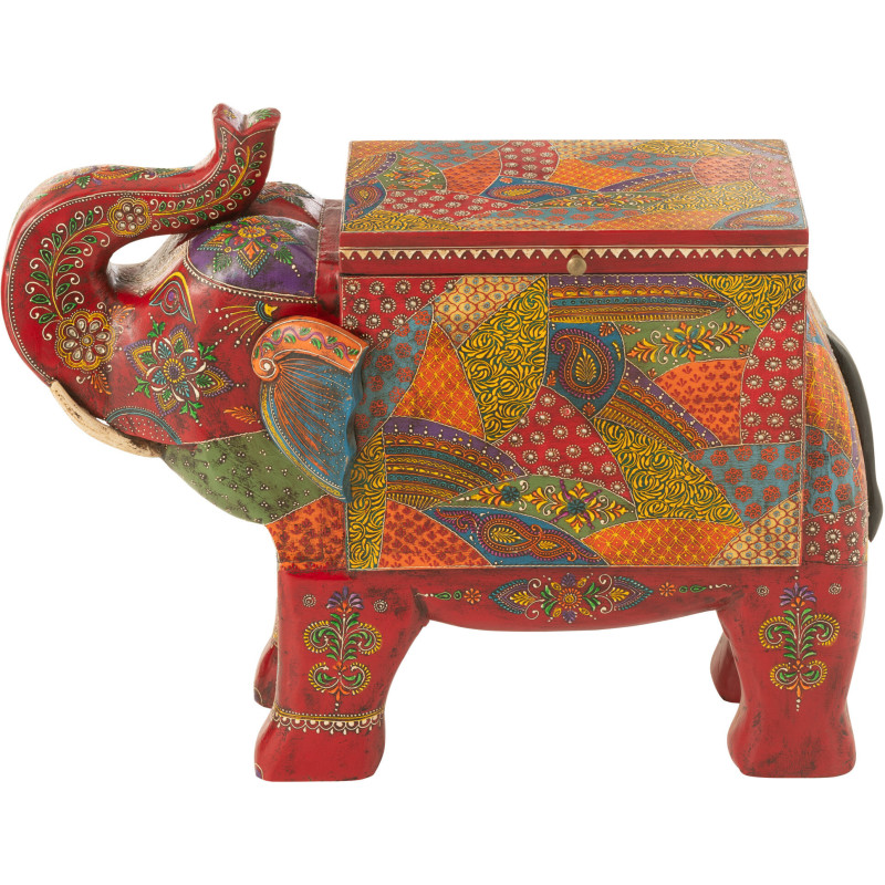 Grand Coffre de rangement indien Éléphant 79 cm Bois de manguier Multicolore Delhi 