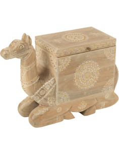 Grand Coffre de rangement Chameau 66 cm Bois de manguier Naturel Perle Orange Sahéra 