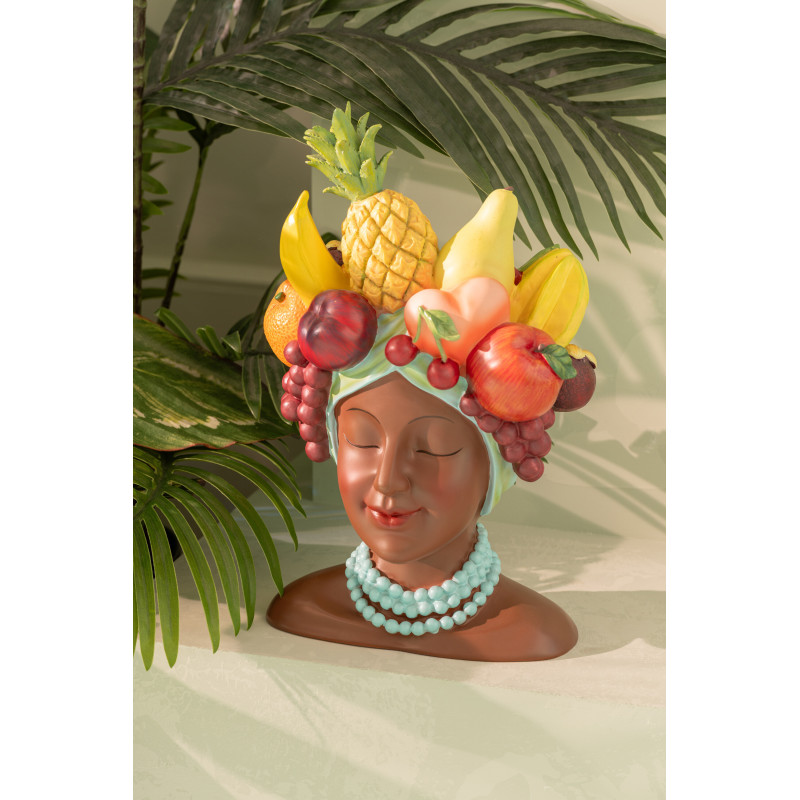 Grand Cache-pot tropical chic Femme Fruits 23 cm Résine Marron Turquoise Fructonia 