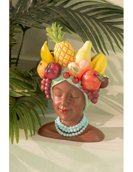 Grand Cache-pot tropical chic Femme Fruits 23 cm Résine Marron Turquoise Fructonia 