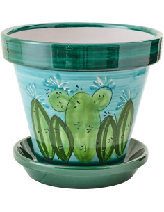 Grand Cache-pot tropical chic avec soucoupe D 35 cm Céramique Vert Turquoise Motif cactus Cactéra 