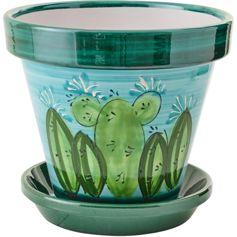 Grand Cache-pot tropical chic avec soucoupe D 35 cm Céramique Vert Turquoise Motif cactus Cactéra 