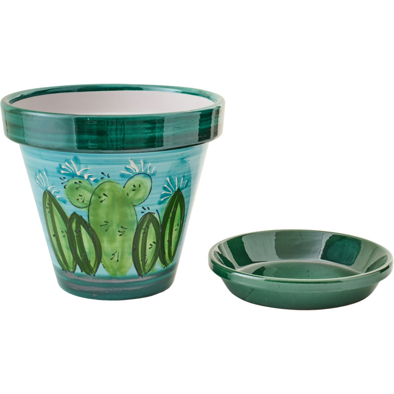 Grand Cache-pot tropical chic avec soucoupe D 35 cm Céramique Vert Turquoise Motif cactus Cactéra 