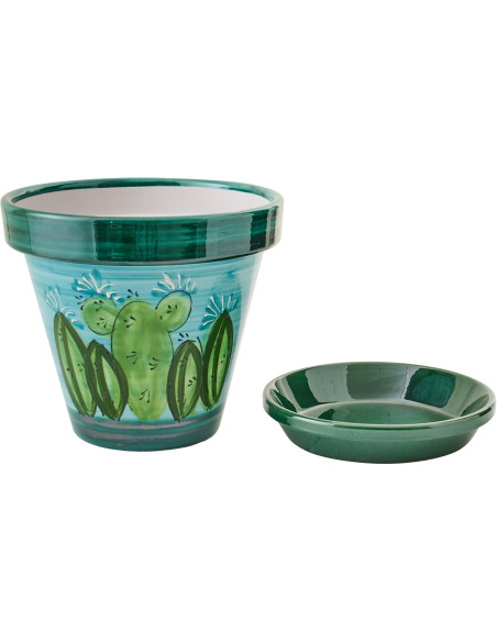 Grand Cache-pot tropical chic avec soucoupe D 35 cm Céramique Vert Turquoise Motif cactus Cactéra 