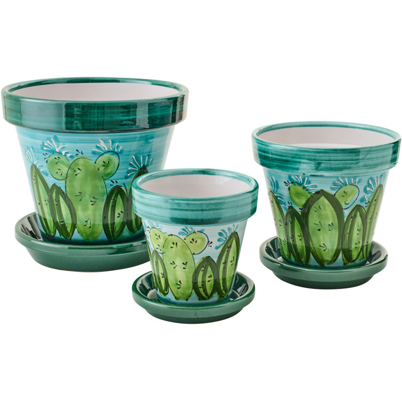 Grand Cache-pot tropical chic avec soucoupe D 35 cm Céramique Vert Turquoise Motif cactus Cactéra 