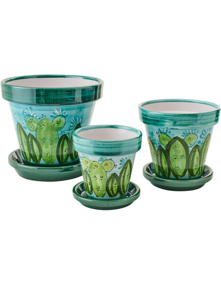 Grand Cache-pot tropical chic avec soucoupe D 35 cm Céramique Vert Turquoise Motif cactus Cactéra 