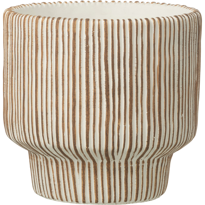 Grand Cache-pot extérieur ethnique chic Rond D 23 cm Ciment Marron Blanc Motif lignes Cannelia 