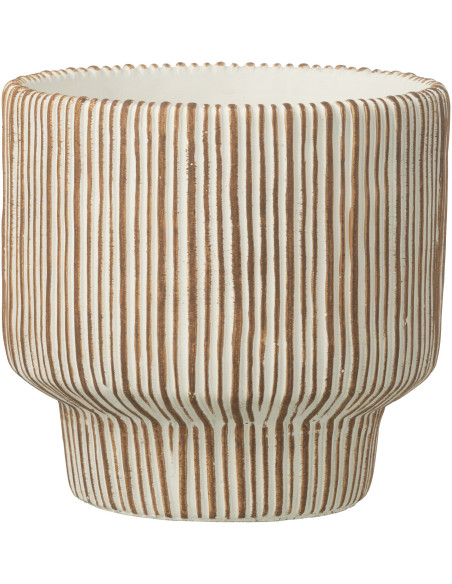 Grand Cache-pot extérieur ethnique chic Rond D 23 cm Ciment Marron Blanc Motif lignes Cannelia 