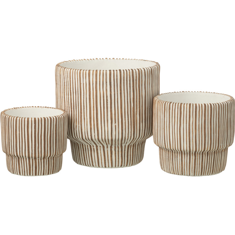 Grand Cache-pot extérieur ethnique chic Rond D 23 cm Ciment Marron Blanc Motif lignes Cannelia 