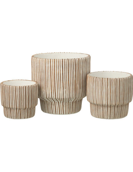 Grand Cache-pot extérieur ethnique chic Rond D 23 cm Ciment Marron Blanc Motif lignes Cannelia 