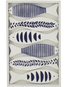 Décoration murale bord de mer Poissons 22x35 Bois MDF Blanc Bleu Aoshira 