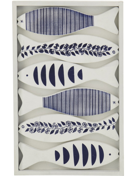 Décoration murale bord de mer Poissons 22x35 Bois MDF Blanc Bleu Aoshira 