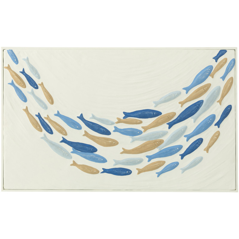 Décoration murale Bord de mer Banc de Poissons 60x36 Métal Blanc cassé Bleu Beige Marélo 
