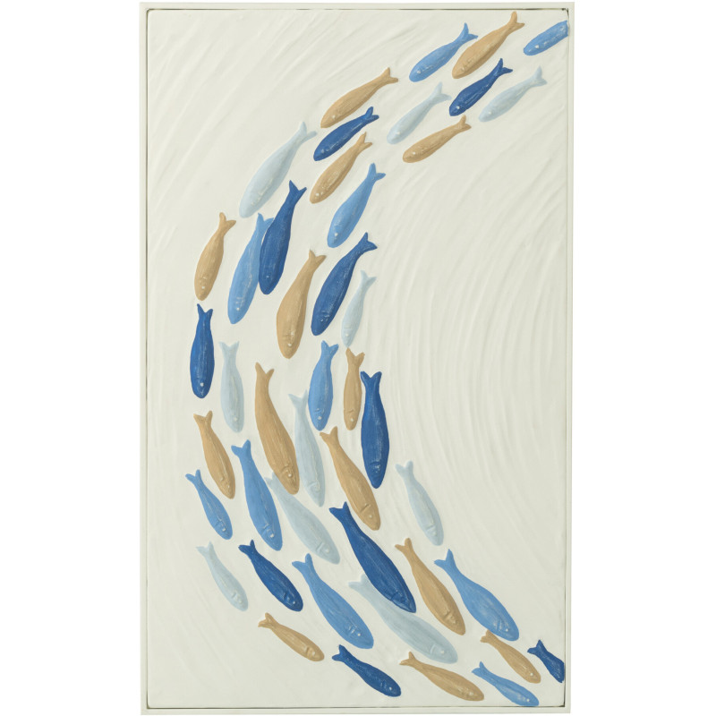 Décoration murale Bord de mer Banc de Poissons 60x36 Métal Blanc cassé Bleu Beige Marélo 