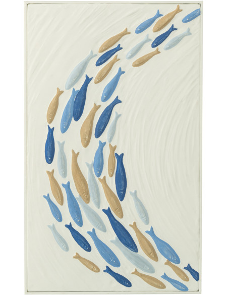 Décoration murale Bord de mer Banc de Poissons 60x36 Métal Blanc cassé Bleu Beige Marélo 