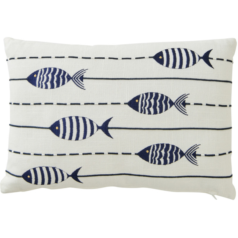 Coussin bord de mer Poissons Rectangulaire 45x30 Coton Blanc Bleu Marélina 