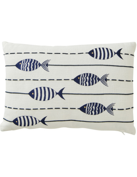 Coussin bord de mer Poissons Rectangulaire 45x30 Coton Blanc Bleu Marélina 