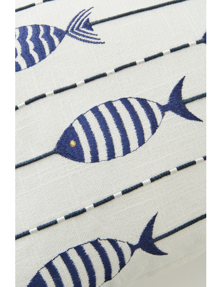 Coussin bord de mer Poissons Rectangulaire 45x30 Coton Blanc Bleu Marélina 