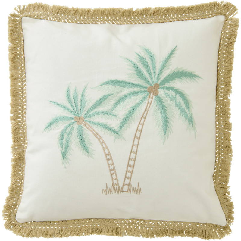 Coussin bord de mer Palmier Carré 45x45 Coton Blanc Turquoise Naturel Avec franges Palmérissa 