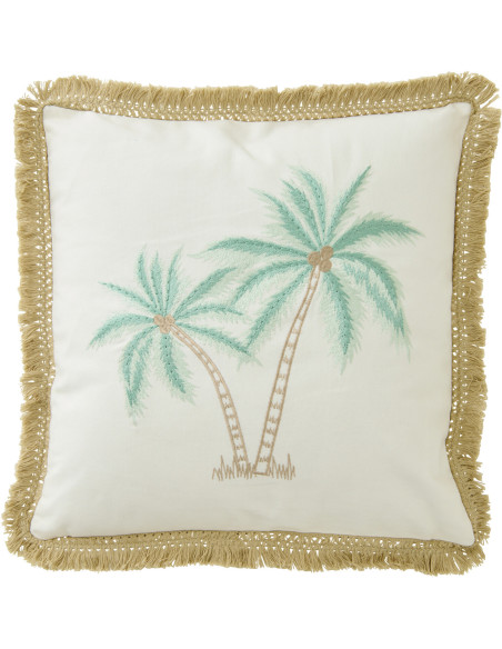Coussin bord de mer Palmier Carré 45x45 Coton Blanc Turquoise Naturel Avec franges Palmérissa 