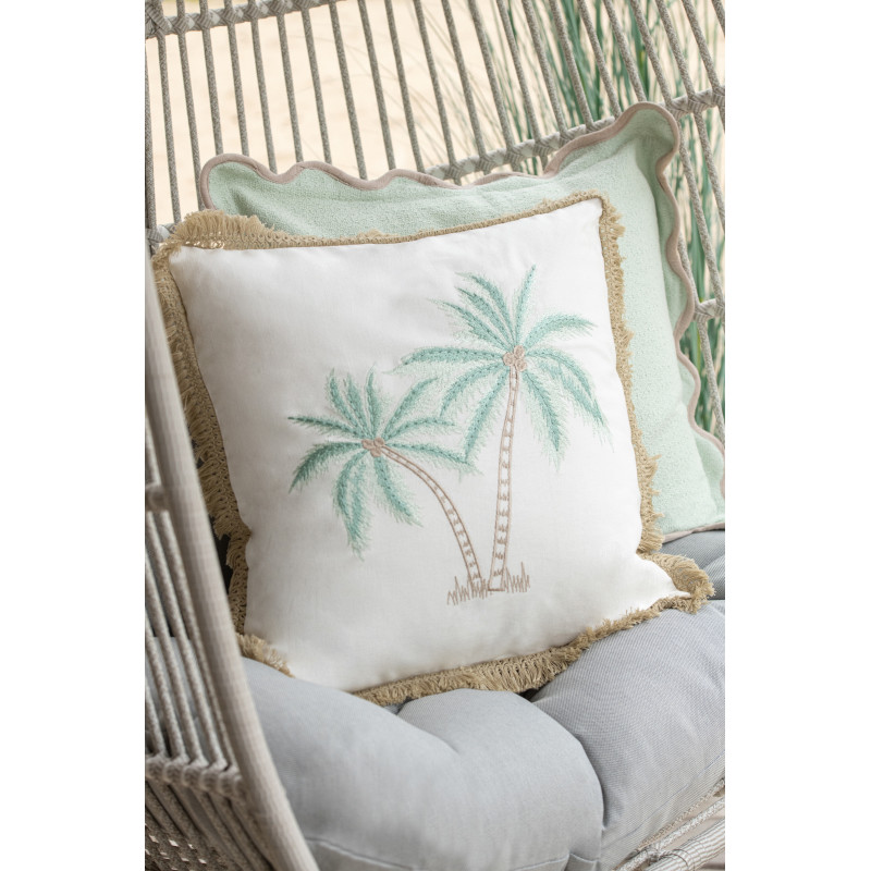 Coussin bord de mer Palmier Carré 45x45 Coton Blanc Turquoise Naturel Avec franges Palmérissa 