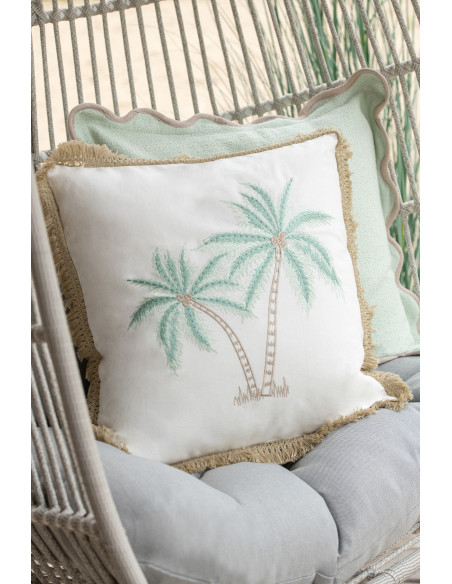 Coussin bord de mer Palmier Carré 45x45 Coton Blanc Turquoise Naturel Avec franges Palmérissa 