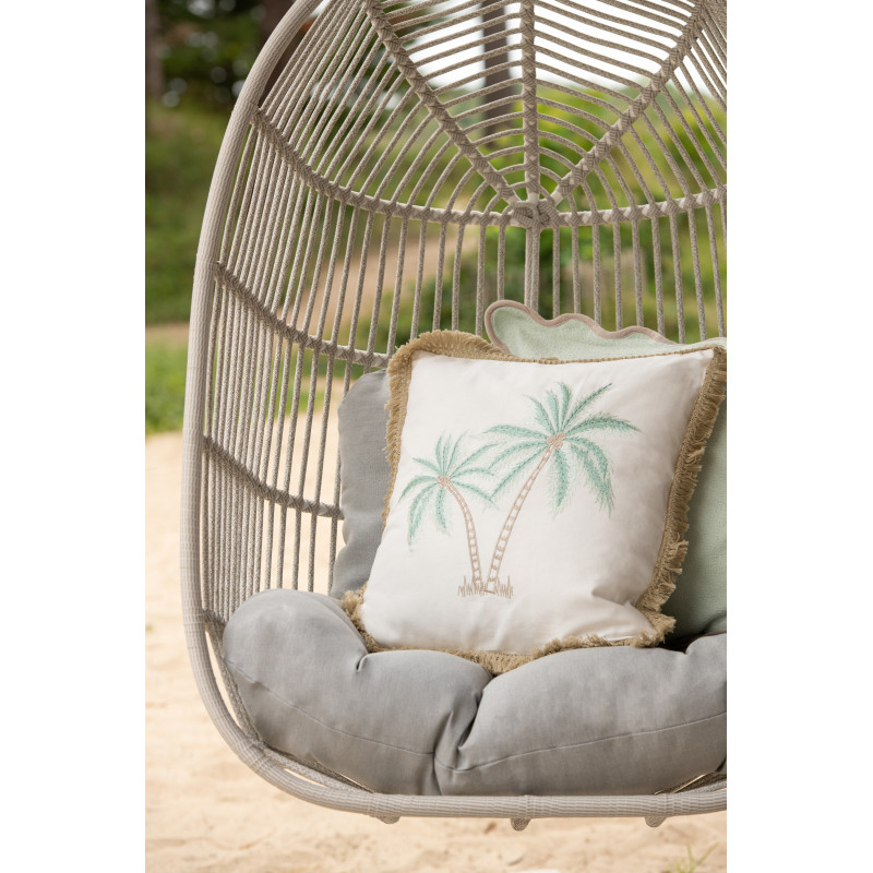 Coussin bord de mer Palmier Carré 45x45 Coton Blanc Turquoise Naturel Avec franges Palmérissa 